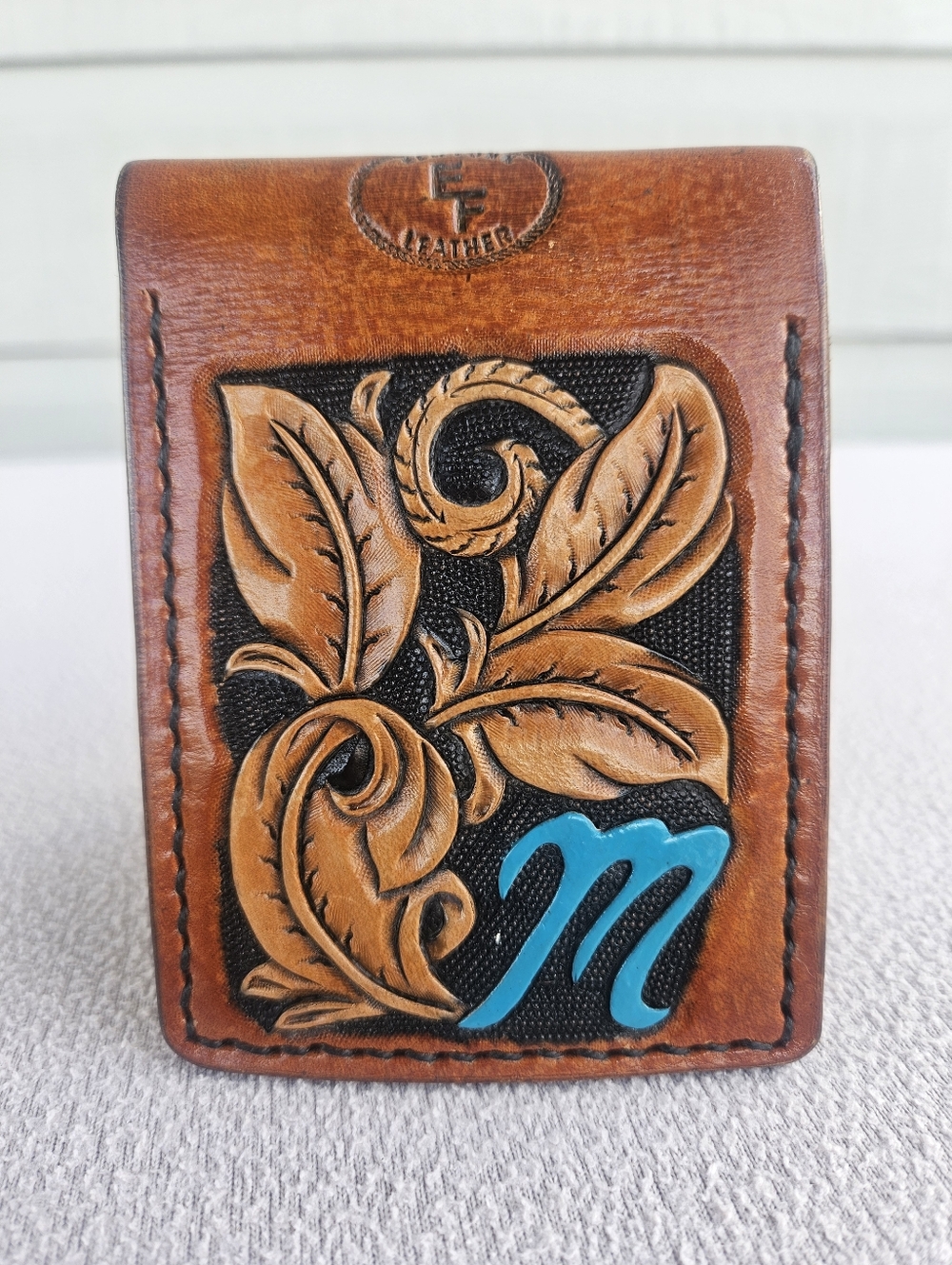 Elm Fork Bifold Handmade Tooled Leather Wallet M Initial Floral Brown Turquoise